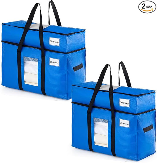 TAILI 2 Tier Extra Large Moving Bags, 2 Pack Blue Heavy Duty Totes For Storage with Visible Window, Wrap Around Handles, Storage Bags for Space Saving, Alternative to Moving Boxes by TAILI