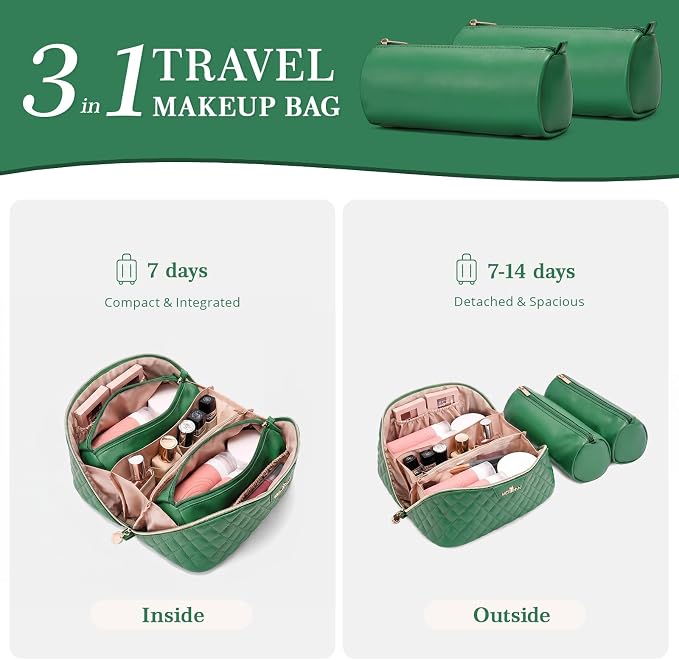 Travel Makeup Bags Cosmetic Organizer: 3Pcs Set Puffy Make up Bag for Women | ForestGreen Premium Quilted ELEGANCE Design | Large Capacity Leather Toiletry Bags | Wide Open Compact Case for Travel - Image 4