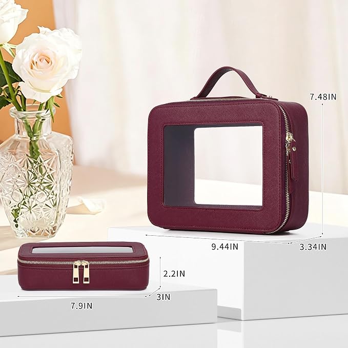 Clear Travel Makeup Bag, Burgundy, L+Slim | With Brush Bag, Transparent, Waterproof, With Zipper - Image 3