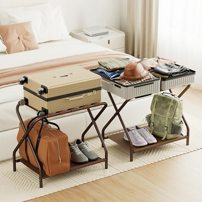 AMHANCIBLE Luggage Rack, Set of 2, Foldable Suitcase Stands for Guest Room, Metal Luggage Holder with Storage Shelf for Bedroom, Hotel, Easy Assemble, Bronz HLR02BZ - Image 2