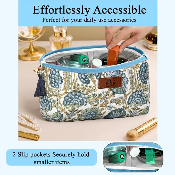 Ridhi Asparagus Green Hand Block Printed Floral Toiletry Bag For Women 100% Cotton Quilted Set of 3 Waterproof Inner Lining, Cosmetic Jewelry Organizer, Travel Pouch, Essential Storage Purse Gifts - Image 2