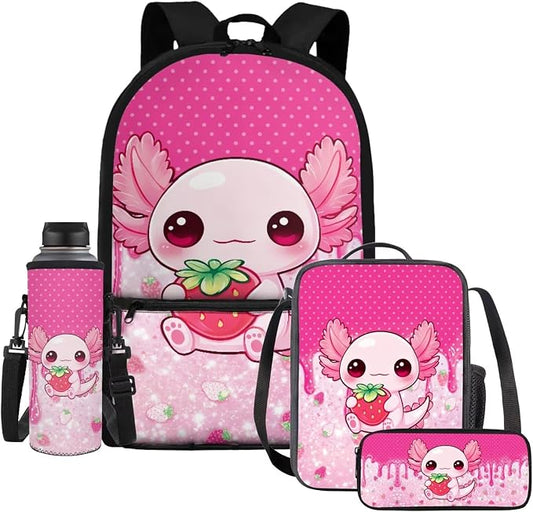 Strawberry Axolotl Kids 4-in-1 Backpack Set, Complete School Essentials – 17'' Bookbag + Insulated Lunch Box + Pencil Case, Lightweight Cute School Bag for Girls Age 6-12, Polka Dot by Dremagia