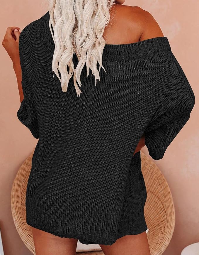 Ermonn Womens 2 Piece Outfits Sweater Sets Off Shoulder Knit Tops Waist Short Suits Casual Pajama Set - Image 3