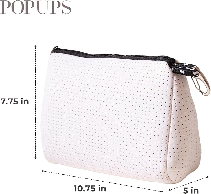 POPUPS Large Makeup Bag with Zipper, White - Waterproof Neoprene Cosmetic Bag 7.7 x 10.75 x 5 inches - Image 3