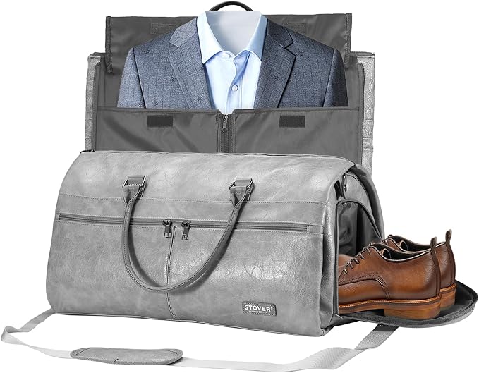 STOVER Garment Travel Duffle Bag, Large 2-in-1 Convertible Carry-on Luggage for Men & Women- Hanging Suits, Dresses & Clothes + Shoe Compartment- Weekender Tote Combo Duffel (Grey Leatherette) by STOVER