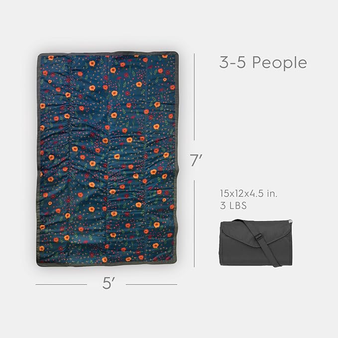Little Unicorn 5'x7' Outdoor Family Picnic & Beach Blanket | Durable & Water-Resistant Fabric | Compact Fold & Easily Wipes Clean | Zipper Pocket (Midnight Poppy) - Image 2
