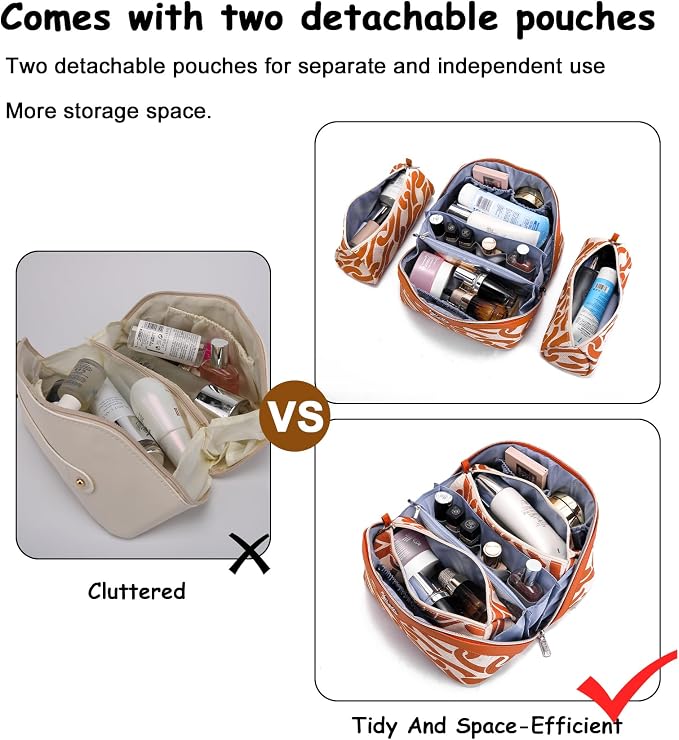 BOYATU Travel Makeup Bag for Women: Large Capacity 3-Piece Cosmetic & Toiletry Organizer - Expands Storage by 50% with 2 Detachable Pouches,Opens Flat for Easy Packing,Waterproof PU Leather(Orange) - Image 2
