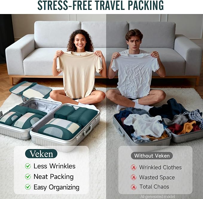 Veken 8 Set Packing Cubes for Travel Essentials,Anti-Wrinkle Buckled Suitcase Organizer for Shoe & Toiletry Bag,Carry On Luggage Bag with 99+ Count Mesh Holes for Airplane & College Dorm Accessories - Image 7