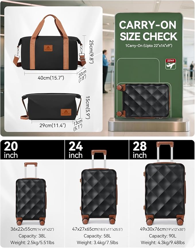 Somago 2 PieceLuggage Set (20"/24") with Duffel Bag and Toiletry Bag, Carry On Luggage Airline Approved with YKK Zipper TSA Lock ABS Hardside Luggage Spinner Wheels - Image 4