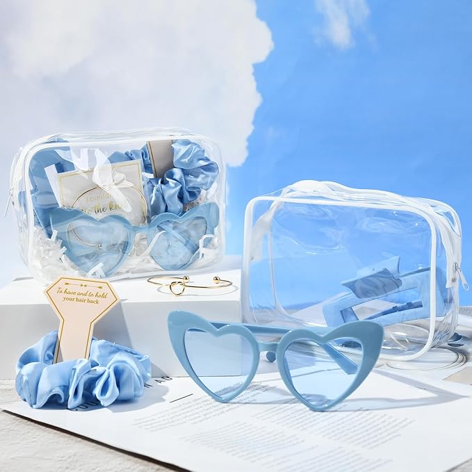 DEEKA 30 Pcs Bridesmaid Proposal Bag Set Gift Clear Makeup Toiletry Bag Bachelorette Party Favors Sunglasses Hair Claw Clips Scrunchies Knot Bracelets Bridal Wedding Party Gifts (Blue) - Image 8
