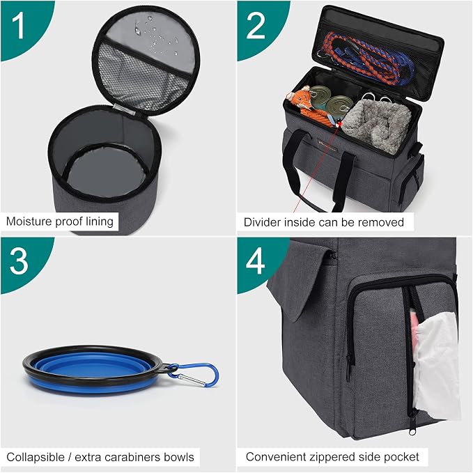 MoModoker Dog Travel Bag with 2 Food Bags, 2 Bowls and Mat(Dark Gray) | Roomy Main Compartment | Multiple Functional Pockets | Water-Resistant Oxford Fabric | PVC Backing | Leak-Resistant Lining - Image 3