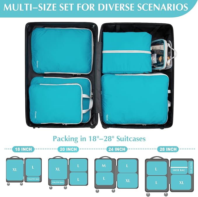 Gonex Compression Packing Cubes, 6pcs Expandable Storage Travel Luggage Bags Organizers with Shoe Bag, Clear Toiletry Bag (Blue) - Image 6