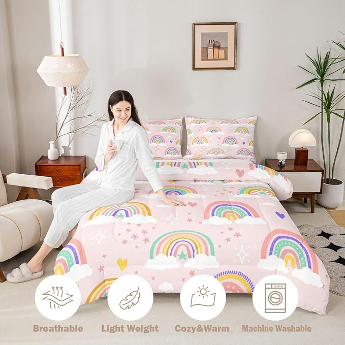 Erosebridal Girls Rainbow Bedding Set, Love Heart Comforter Set King Size for Kids Boys Children Cartoon Girly Bedding Comforters Iridescent Soft Microfiber Duvet Insert for Bedroom Decor, Pink - Image 3