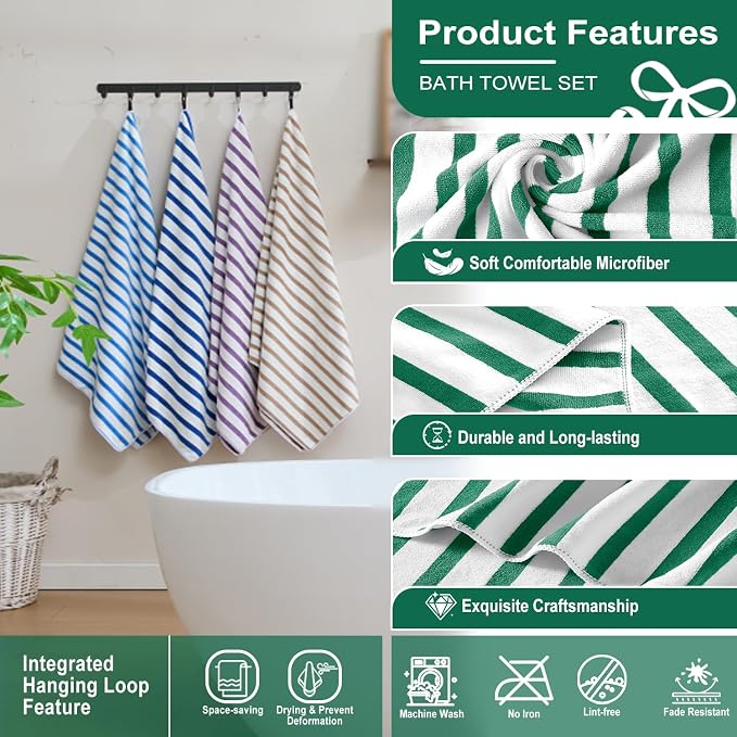 JML Microfiber Beach Towels, 6 Pack, 27" x 55", Large Bath Towel Set for Adult- Cabana Stripe - Absorbent, Quick Drying Lint-Free, No Fading for Summer Party, Pool, Sport, Yoga, Swimming, Green - Image 3