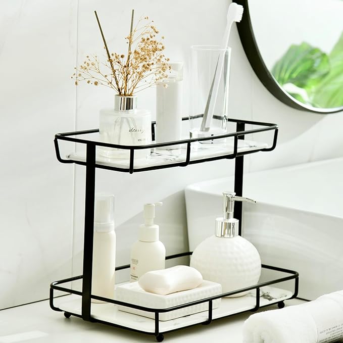 Bathroom Organizer Countertop Perfume Organizer Makeup Organizer Cosmetics Storage Display Rack Vanity Tray Dresser Stainless Steel Gold Shelf White Marble Ceramic Tray (2 Tier L-Black) by Dobbyby