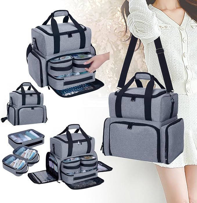 Large Makeup Bag Double Layer with 3 Removable Case,Grey | Large Makeup Bag with 3 Removable Case and 2 Removable Dividers Double Layer Travel Cosmetic Makeup Brushes Storage Section - Image 8