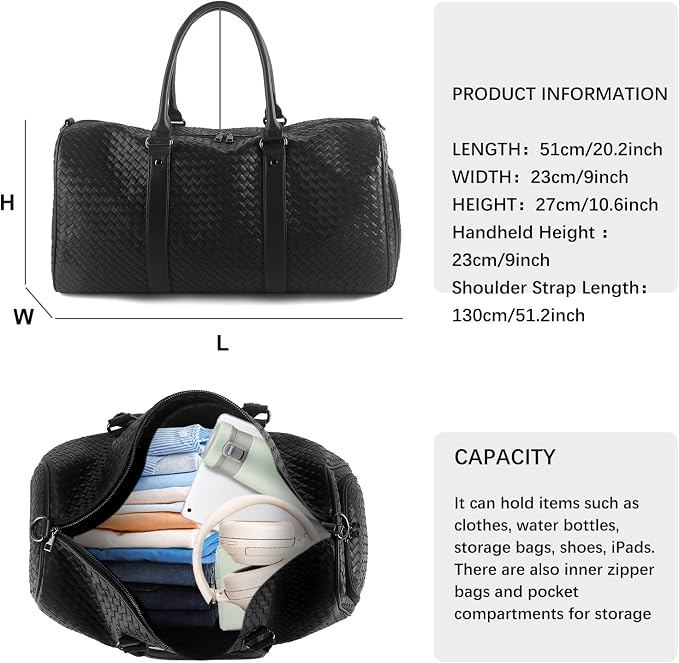 Weekender Bag for Women Men Water-resistant Gym Tote, Leather Woven Travel Duffel Bags with Shoe Compartment - Image 5
