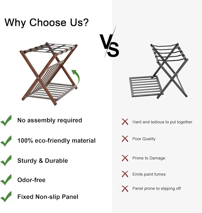 Fully Assembled Luggage Rack for Guest Room, Bamboo Suitcase Stand with Foldable Storage Shelf, Crossed Nylon Straps Folding Luggage Holder for Bedroom and Hotel, Walnut - Image 7