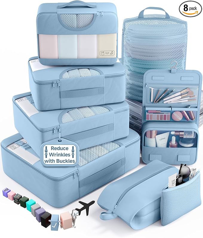 Veken 8 Set Packing Cubes for Travel Essentials,Anti-Wrinkle Buckled Suitcase Organizer for Shoe & Toiletry Bag,Carry On Luggage Bag with 99+ Count Mesh Holes for Airplane & College Dorm Accessories by Veken
