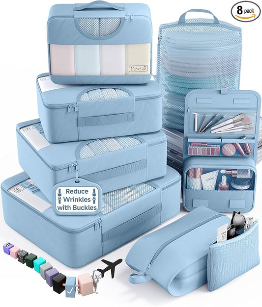 Veken 8 Set Packing Cubes for Travel Essentials,Anti-Wrinkle Buckled Suitcase Organizer for Shoe & Toiletry Bag,Carry On Luggage Bag with 99+ Count Mesh Holes for Airplane & College Dorm Accessories by Veken