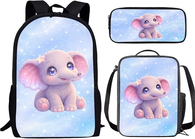 Forchrinse Cute Elephant Backpack for Girls 17 Inch School Bag with Lunch Box Pencil Case Kids Bookbag School Backpacks 5th 6th Grade Elementary Kindergarten Preschool Daypack by Forchrinse