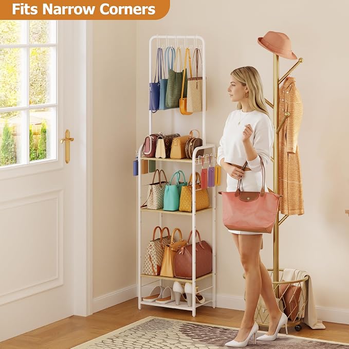 Tall Purse Organizer Stand with 3-Tier Thick Wood + 1-Tier High-Density Mesh, Adjustable Interchangeable, Slim Narrow Freestanding Handbag Rack with 5 Large & 6 Side Hooks, Closet Bag Storage White - Image 4