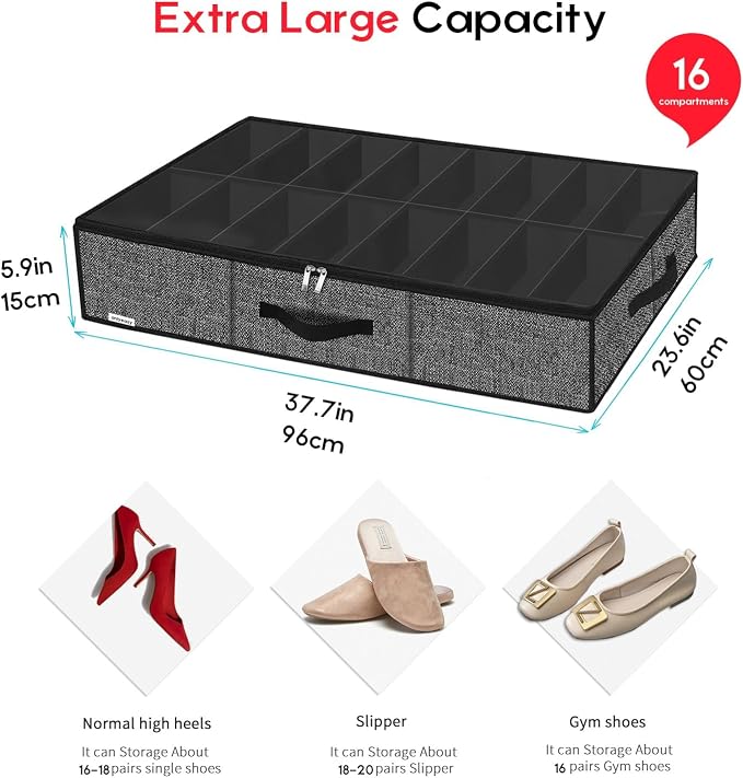 Onlyeasy Sturdy Under Bed Shoe Storage Organizer Fit 8 to 16 Pairs, Collapsible Closet Underbed Shoes Container Bags with Reinforced Handles, 37.7x23.6x5.9in, Linen-like Black, MXAUBS16P1 - Image 2