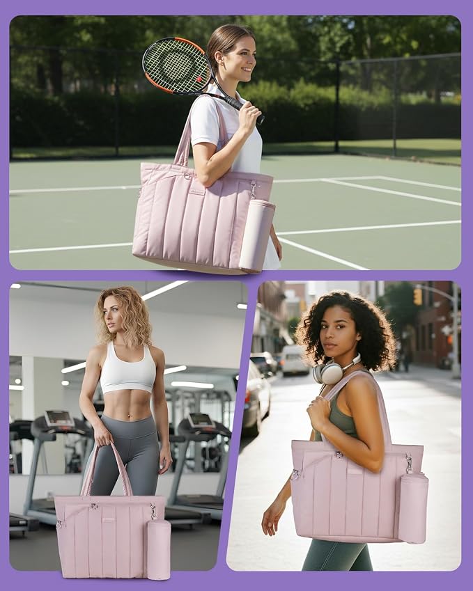 Quilted Tennis Tote Bag for Women Gym Duffle Bag with Shoe Compartment & Wet Pocket Fits 2-4 Rackets and 15.6" Laptop Overnight Weekend Sports Bag with Fence Hook(Large size) - Image 6