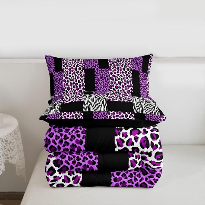 Erosebridal Purple Leopard Bedding Set Patchwork Cheetah Print Comforter Sets King Size for Girls Teens Adults Women Bedroom Black Zebra Pattern Duvet Sets Animal Skin Down Comforter 2 Piece - Image 7