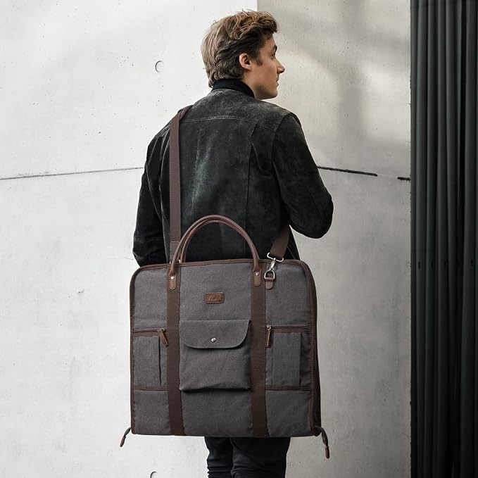 S-ZONE Carry on Garment Bag for Business Travel Canvas Leather Men Suit Cover | Leather Handle Straps, Multi-Pocket, Removable Shoulder strap, Trolley Sleeve, for Gym or Daily Use - Image 2