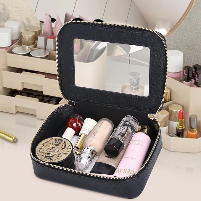 Pinkmik Clear Makeup Bag for Women Waterproof Travel Cosmetics and Toiletries Case Portable Makeup Oaganizer Bag Clear Car Bag with Zipper (Black, M) - Image 4