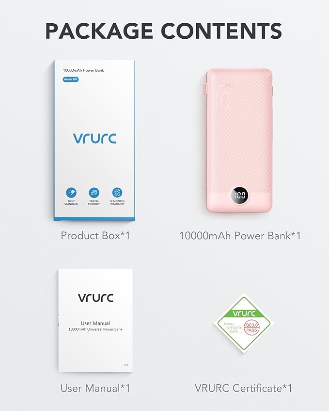VRURC Portable Charger Built-in Cables and AC Wall Plug,USB C Power Bank 10000mAh, Travel Essentials Phone Charger Compact Lightweight External Battery Pack for Smart Phones, Tablets etc-Pink