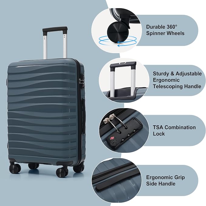 Hardside Luggage Sets, Lightweight Wave Suitcase with Spinner Wheels, PP Grey - Image 2