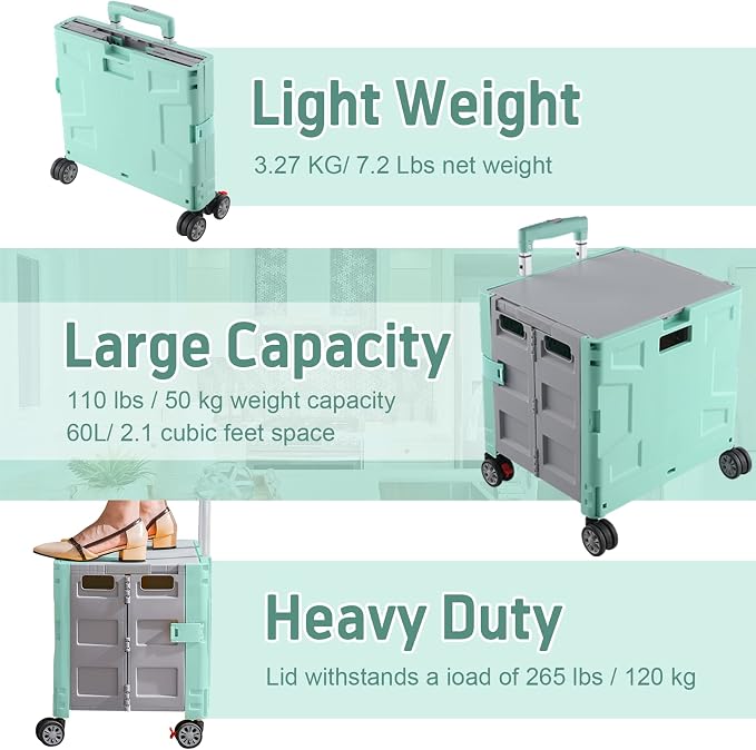 FELICON Folding Utility Cart Rolling Crate Handcart Basket Tote-Green+Gray | Collapsible Hidden Lid,Plastic Box,Telescoping Handle,4 Rotate Wheels for Travel Shop Move Grocery Laundry Office Teacher Use - Image 6