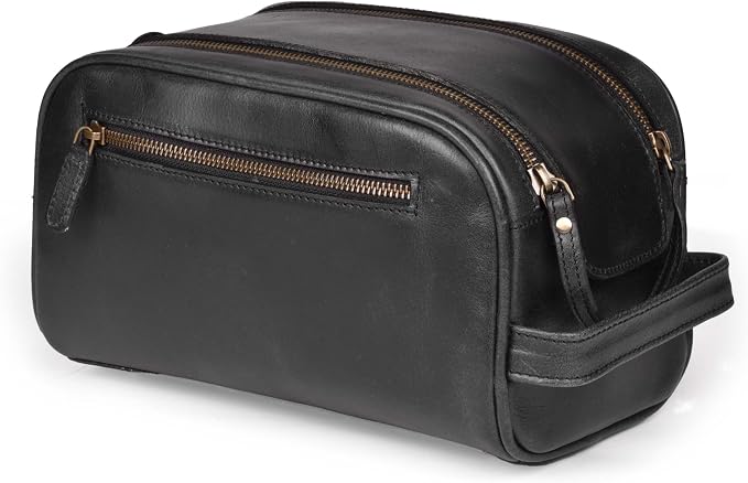 LEATHER VILLAGE Genuine Leather Toiletry Travel Bag With Waterproof Lining - Black | King-Size Handcrafted Vintage Dopp Kit Bag, Shaving & Bathroom Organizer, Gift for Men & Women by LeatherVillage