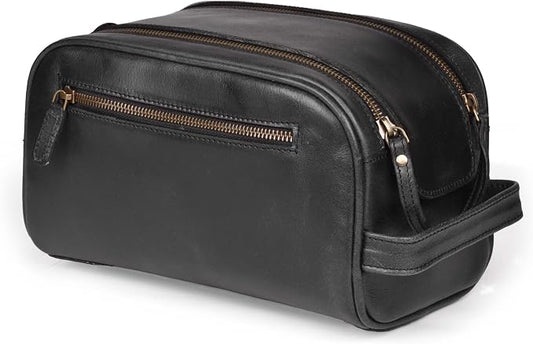 LEATHER VILLAGE Genuine Leather Toiletry Travel Bag With Waterproof Lining - Black | King-Size Handcrafted Vintage Dopp Kit Bag, Shaving & Bathroom Organizer, Gift for Men & Women by LeatherVillage