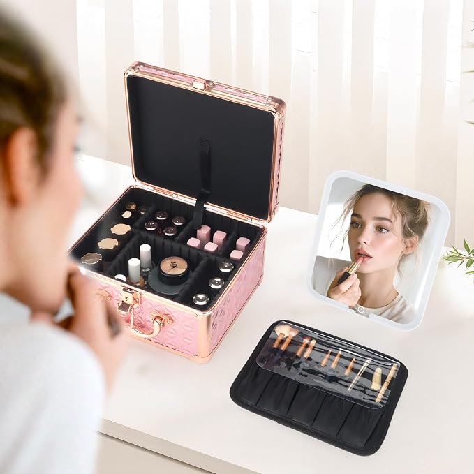 Makeup Case with LED Mirror, Portable Lockable Vanity Case, Travel Makeup Train Box for Women, Cosmetic Organizer, Detachable 3-Color Lighted Mirror, Adjustable Dividers, Brush Holder - Image 8
