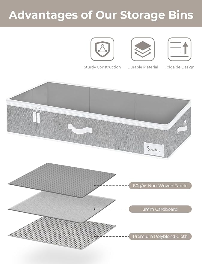 StorageWorks Large Under Bed Storage Containers with Handles and Label Holder, 2 Pack Ultra-thick Fabric Underbed Bins, Closet Organizer for Clothes, Blankets, Sweater - Image 6