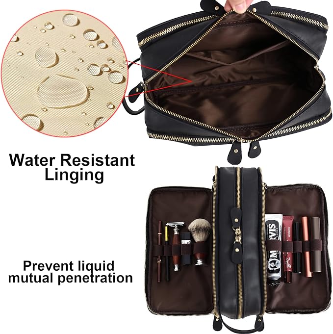 Personalized Leather Toiletry Bag for Men Travel Shaving Dopp Kit-Large Cosmetic Bags Toiletries Bathroom Organizer - Image 3