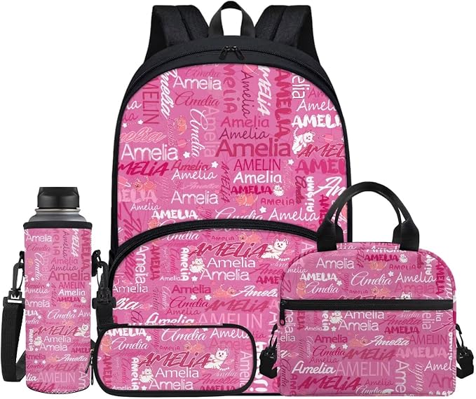 Cat Pink Art Name Design Custom School Backpack Book Bags for Girls Teens Bookbags Schoolbag Lunch Bag Water Bottle Pen Pouch Daypack Knapsack Rucksack Pencil Case for Back to School by Jndtueit