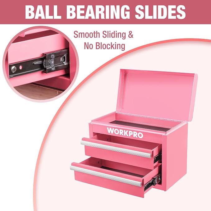 WORKPRO Metal Mini Tool Box with 2 Drawers and Top Storage | Cold Rolled Steel Toolbox, Ball Bearing Slides, PVC Drawer Liners, PP Feet Pads, Durable Storage - Image 4