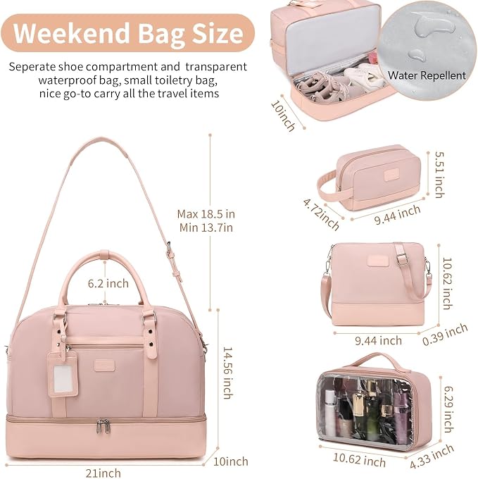 Wogarl 4PCS Weekender Bags for Women Large Overnight Weekend Travel Duffel Carry on Shoulder with Shoe Compartment Canvas Toiletry Bag for Travel Business Gym - Image 6