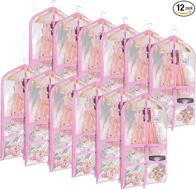 Univivi Clear Pink PVC Dance Costume Bags (12 Pack) Garment Bag 40 Inch for Dance Competitions, with 4 Medium Clear Zipper Pockets and 1 Large Back Zippered Pocket [Upgraded Version] by Univivi