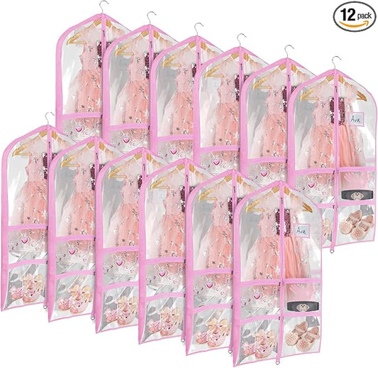 Univivi Clear Pink PVC Dance Costume Bags (12 Pack) Garment Bag 40 Inch for Dance Competitions, with 4 Medium Clear Zipper Pockets and 1 Large Back Zippered Pocket [Upgraded Version] by Univivi