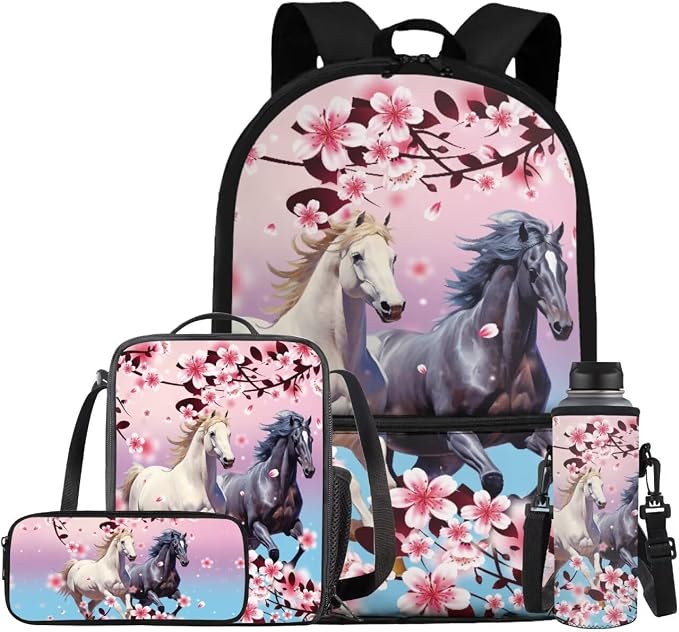 Cherry Blossom Horse Backpack for Girls Kids Backpack with Lunch Box Water Bottle Bag and Aesthetic Pencil Case 4PCS Set Bookbag with Front Pocket for School Teens 17 inch Sturdy School Bag by ELEDIZI