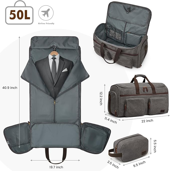 Garment Bag for Travel, S-ZONE Duffle Bag for Men Travel Convertible Suit Bags Carry on Luggage Women Hanging Suitcase Travel Bag with Toiletry Bag | Soft Canvas, Black, Carry-on size, with Toiletry Bag, Adjustable Shoulder Strap, Trolley Sleeve, Shoe ... - Image 3