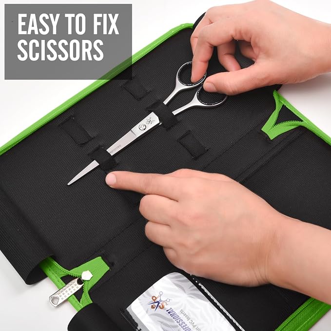 Leather 5 Scissor & Shear Storage Case for Hairstylist - Hairdresser -Scissor Holder Perfect for home-saloon use (Green) - Image 4