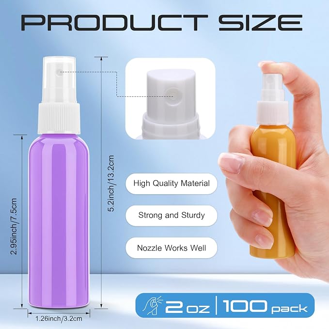 LemonRoad 100 Pack 2 oz Mini Spray Bottles Bulk Small Plastic Fine Mist Spray Bottles Pink Blue Asst Colors Leak Proof Mini Empty Refillable Travel Size Hair Colorful Sprayer Bottle for Cleaning - Image 2