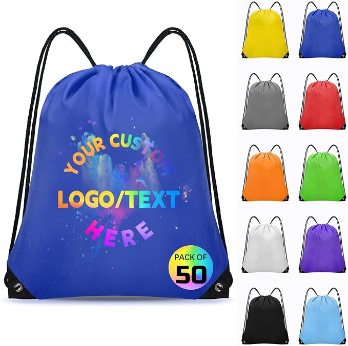 Grneric Custom Drawstring Bags Bulk 10/20/50/100/200 Pack, Promotional Items With Your Logo Personalized String Backpack for Gym, Sport, Travel, Royal Blue by Grneric