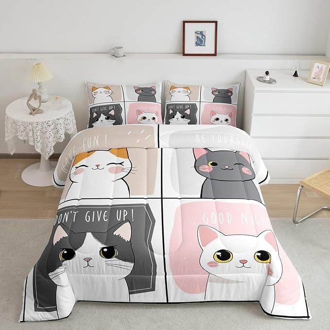 Erosebridal Kawaii Cats Comforter Set King,Pink Grey Cute Little Cat Down Comforter Adorable Kitten Animal Bedding Set for Kids Boys Girls Patchwork Cartoon Doodle Quilt Duvet Set with 2 Pillow Cases - Image 2